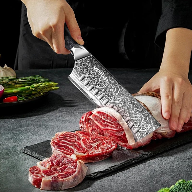 MOSFiATA 7'Nakiri Knife Damascus Professional Sharpe Chef Knife， Kitchen Knifed Damascus Steel VG-10 Blade with Ergonomic Handle Sharpener - Image 3